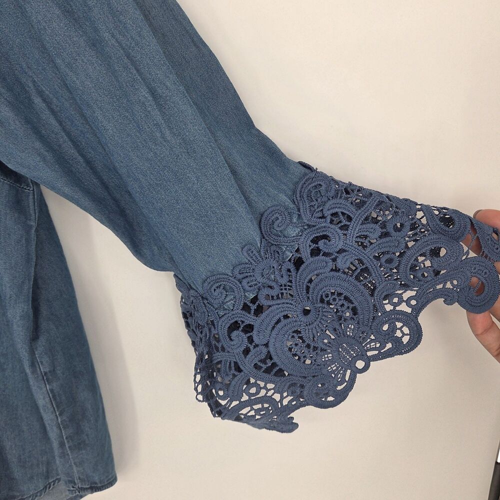 Womens Lg Blue Denim Crochet Lace Bell Sleeve Back Tie Blouse Western Fall Boho - Picture 3 of 9